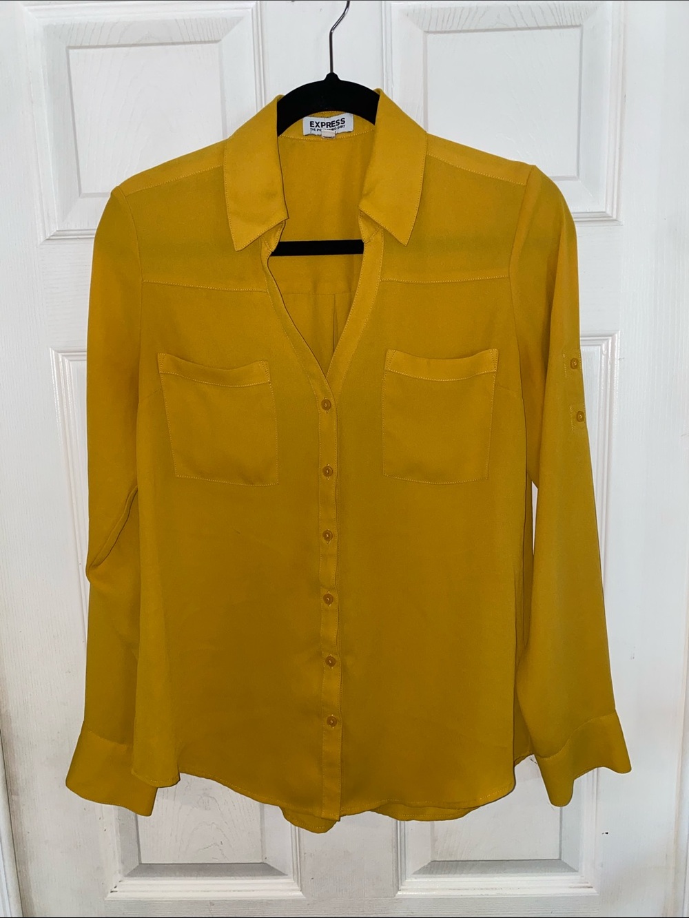 Express Women's Mustard Yellow Button-Down Shirt